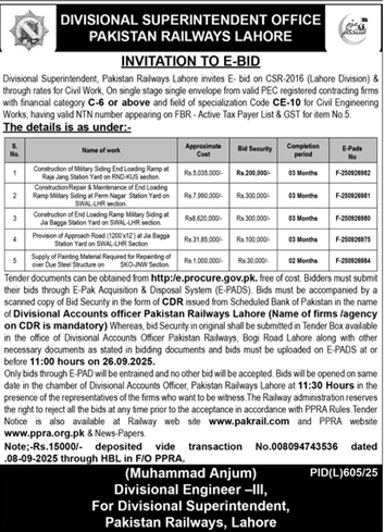 Pakistan Railways Lahore Tender Notice